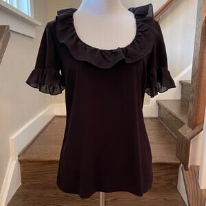 Trina Turk Black W/Blk Ruffle Scoop Neck Tee Size Small